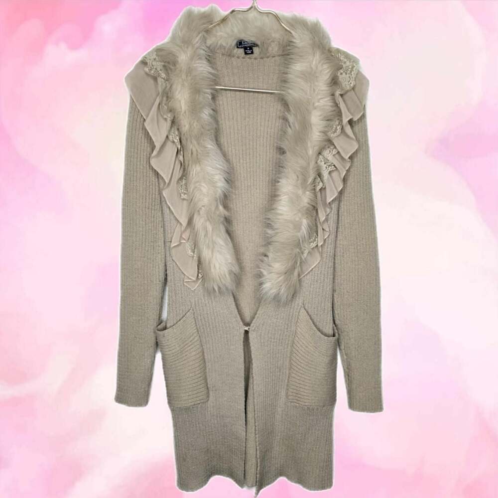 Lisa International Faux Fur and Lace Ruffle Trim Ribbed Cardigan